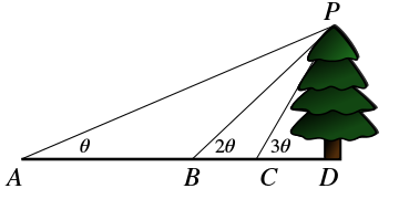 Right triangle PDA; points B,C on AD; angle PAD=theta,angle PBD=2theta,angle PCD=3theta