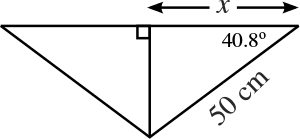 Isosceles triangle with equal sides of length 50 cm and base 2x. Perpendicular bisector is drawn from base to opposite vertex. Triangle has base angles of 40.8 degrees