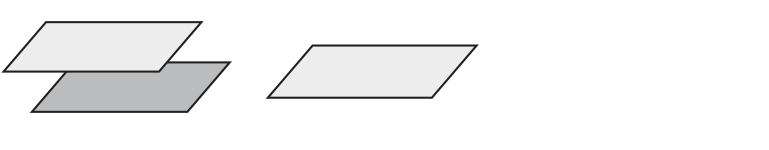1) 2 parallel planes 2) planes on top of one another 3) planes intersecting in a line