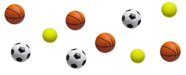 4 basketballs, 3 tennis balls, and 3 soccer balls.