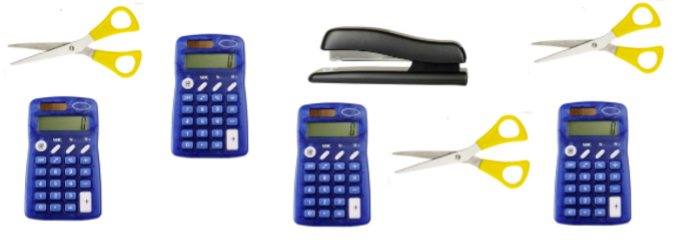 4 calculators, 3 pairs of scissors, and 1 stapler.