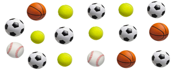 5 tennis balls, 2 baseballs, 7 soccer balls, and 3 basketballs.