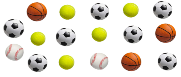 5 tennis balls, 2 baseballs, 7 soccer balls, and 3 basketballs.