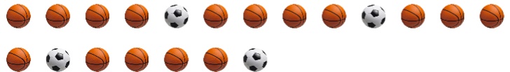 4 groups of five balls in the ratio 4 basketballs and 1 soccer ball.