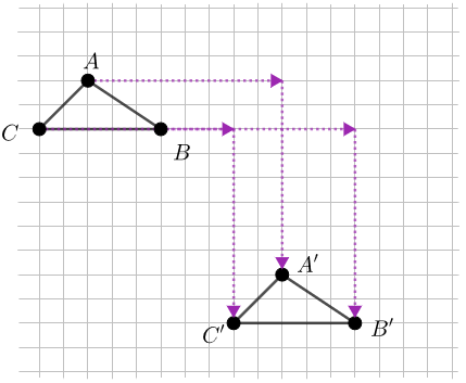 Arrows from triangle ABC to triangle A prime B prime C prime point 8 units right and a second arrow points 8 units down.