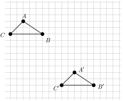 Triangle A prime B prime C prime lies 8 units to the right and 8 units down from triangle ABC.